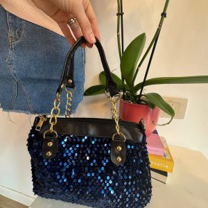 Geantă elegantă de ocazie, cu paiete bleumarin